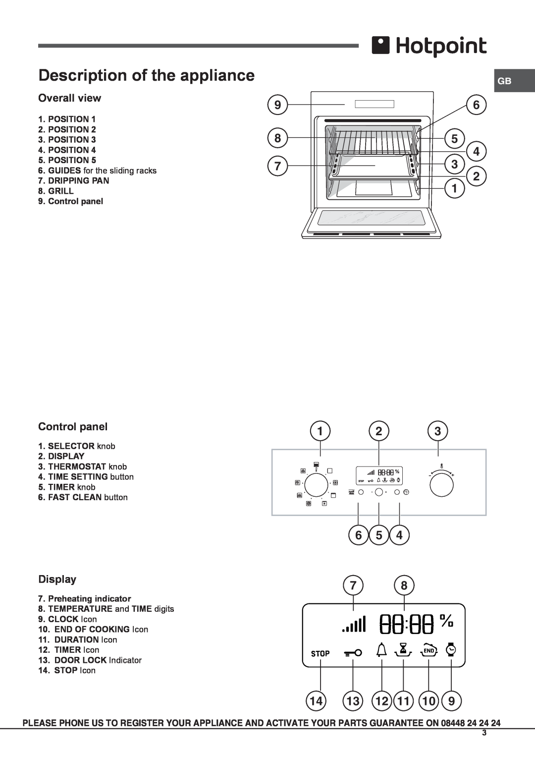 Hotpoint SH89PX S, KSOS 89 PX S manual Description of the appliance, 14 13 12 11 10, Overall view, Control panel, Display 