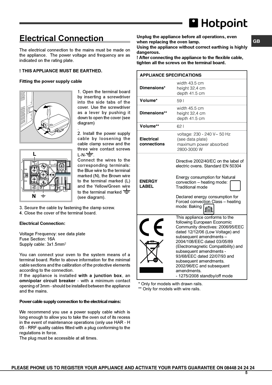 Hotpoint SH89PX S, KSOS 89 PX S manual Electrical Connection 