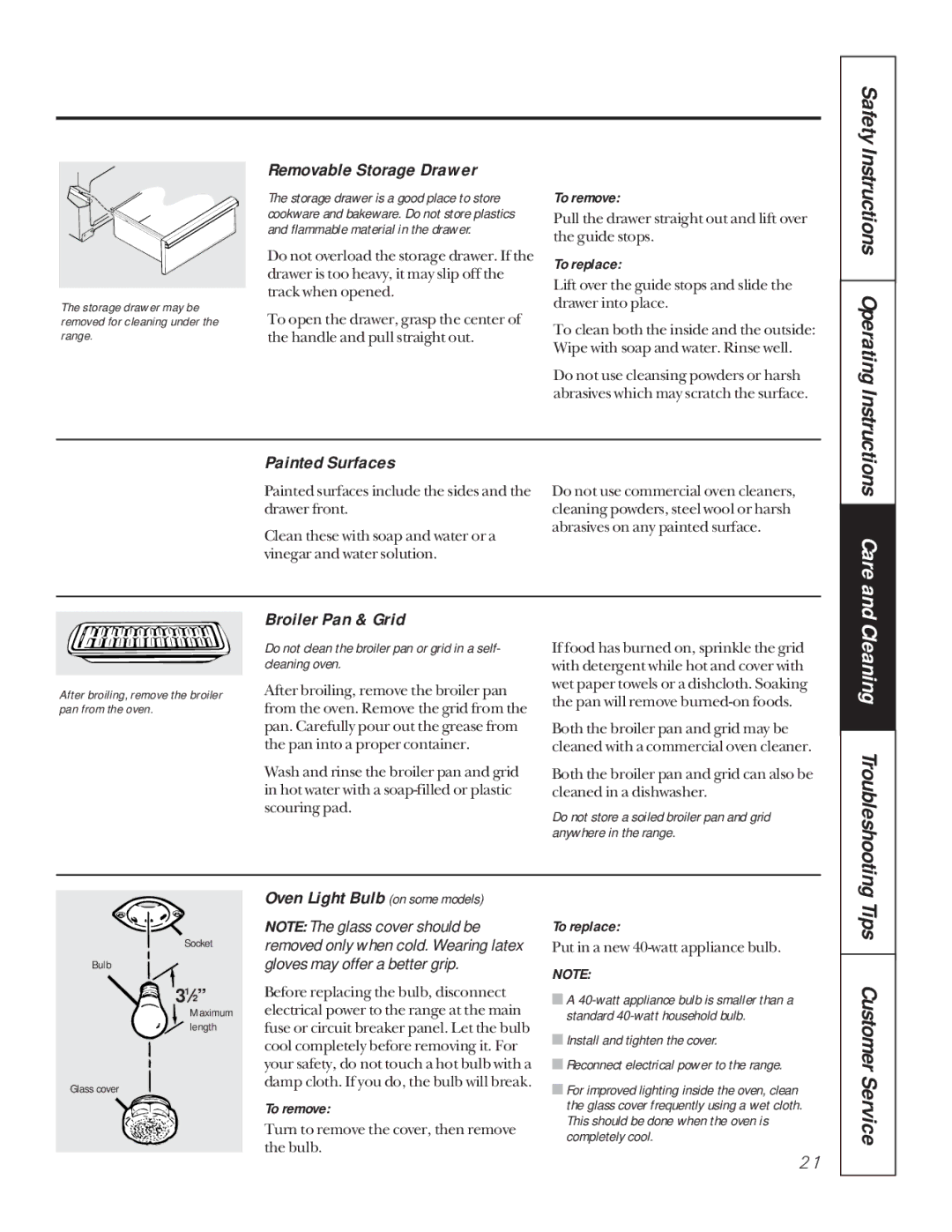 Hotpoint RB755 Removable Storage Drawer, Safety Instructions Operating Instructions Painted Surfaces, Broiler Pan & Grid 