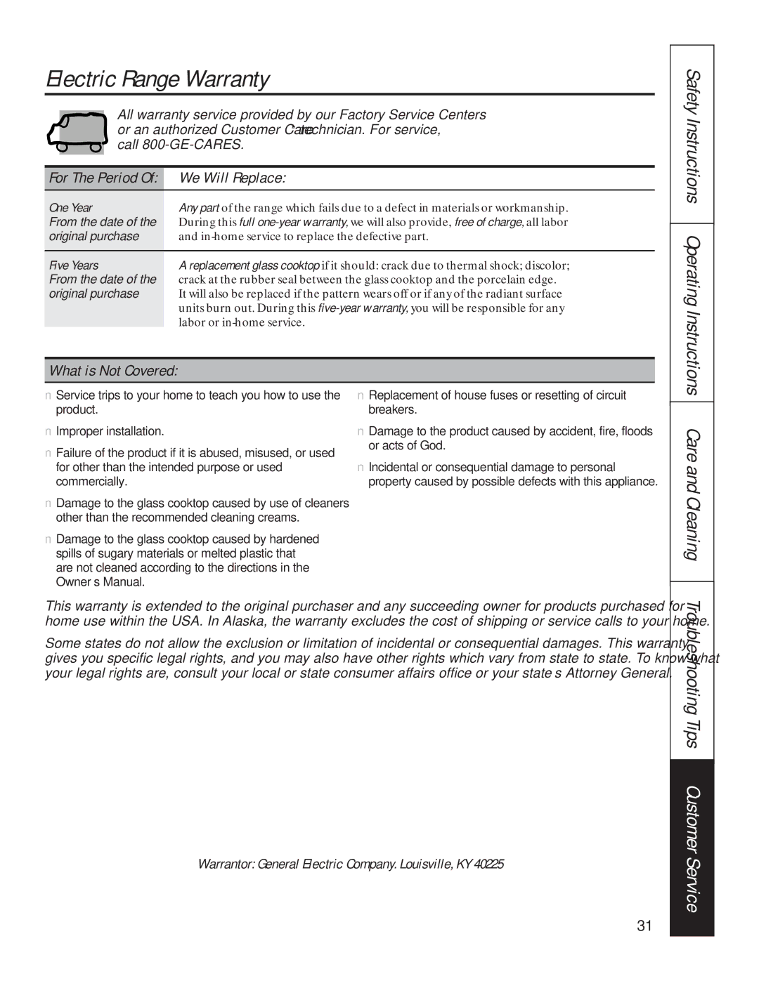 Hotpoint RB757, LEB327, LEB316, LEB356 Electric Range Warranty, We Will Replace, What is Not Covered, One Year, Five Years 