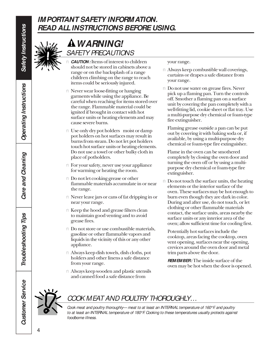 Hotpoint RB756, LEB327, LEB316, LEB356, LEB326, RB755, RB754, RB757 Cook Meat and Poultry THOROUGHLY…, Instructions, Customer 