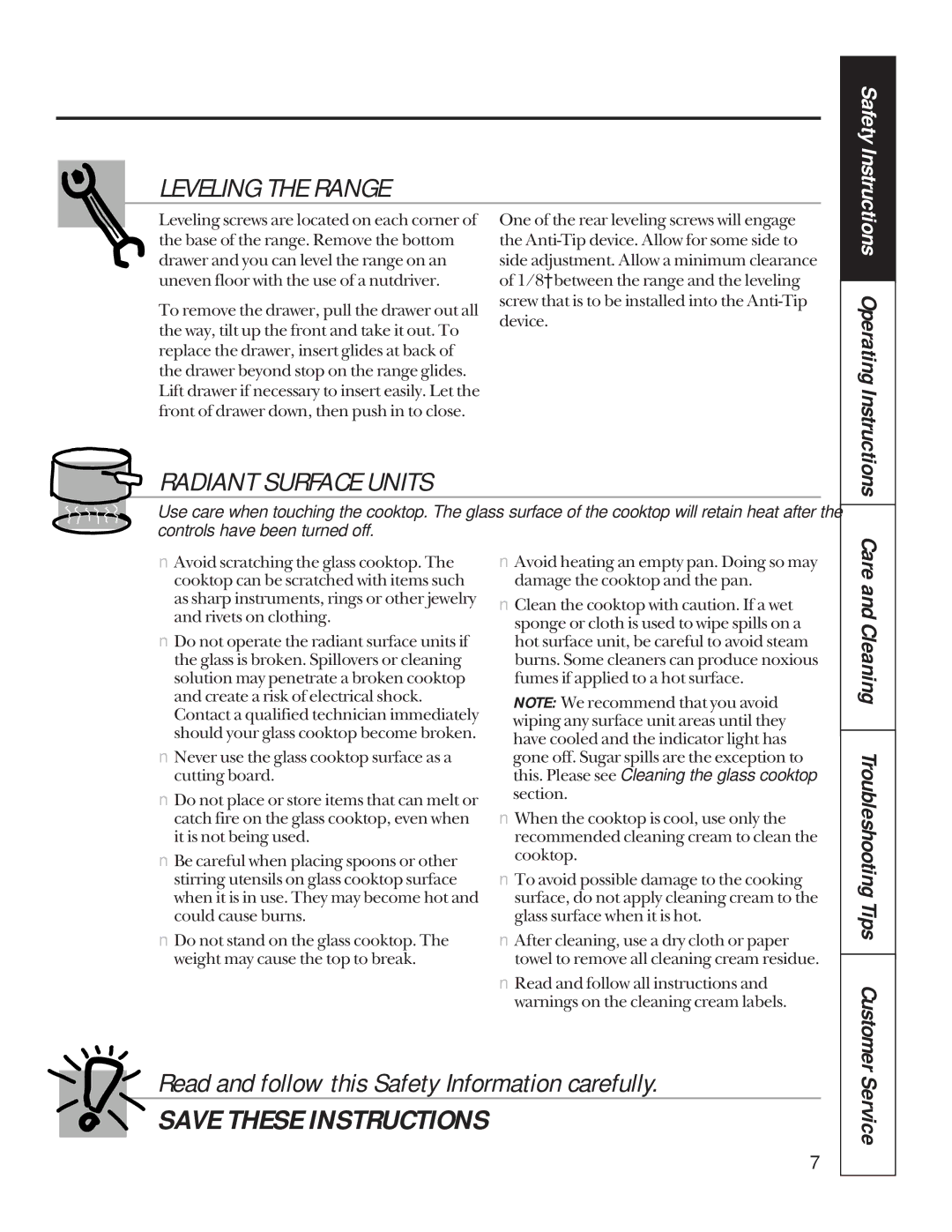 Hotpoint RB757, LEB327, LEB316, LEB356, LEB326 Leveling the Range, Radiant Surface Units, Service, Operating Instructions 