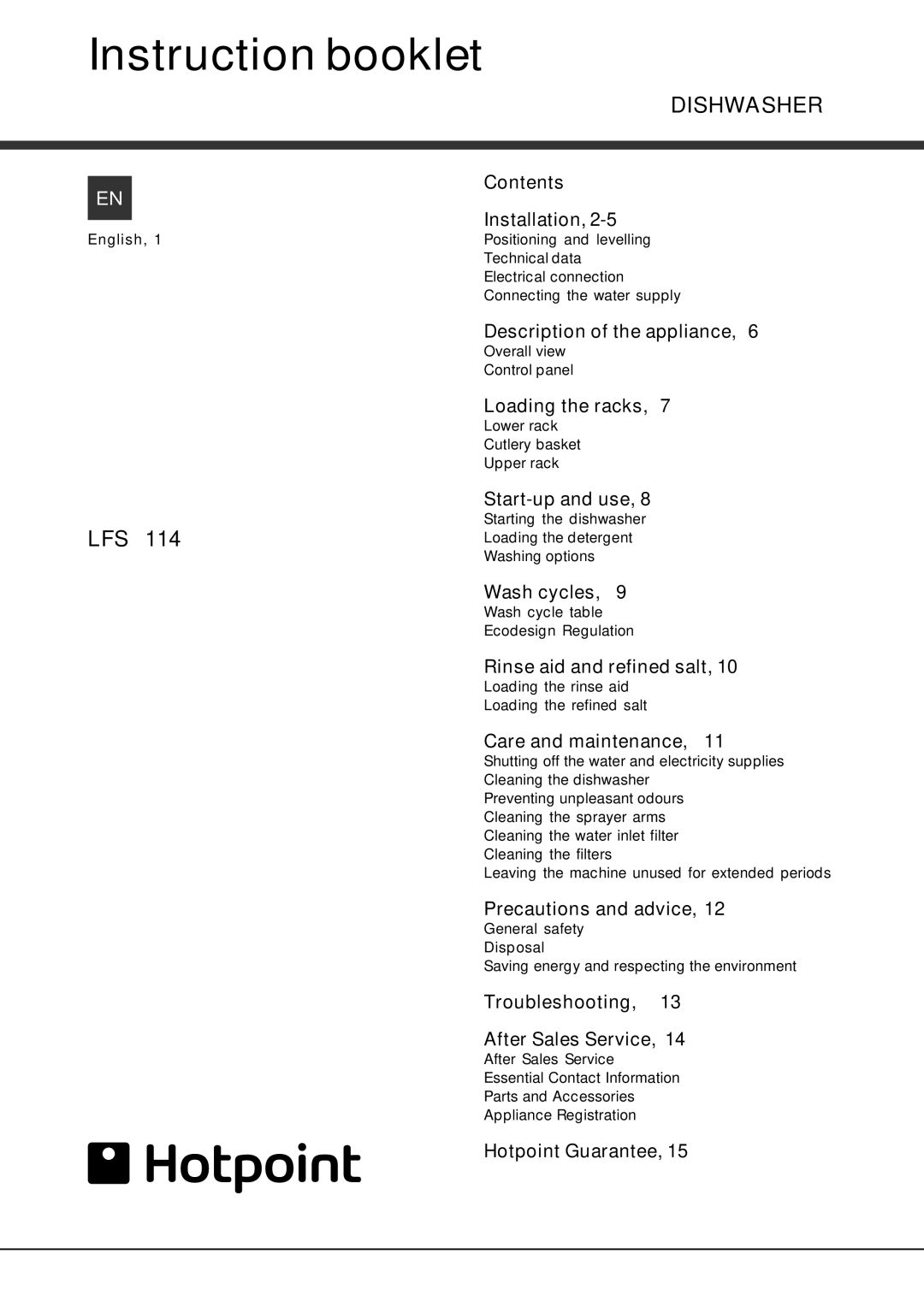 Hotpoint Hotpoint Dishwasher, LFS 114 manual Instruction booklet 