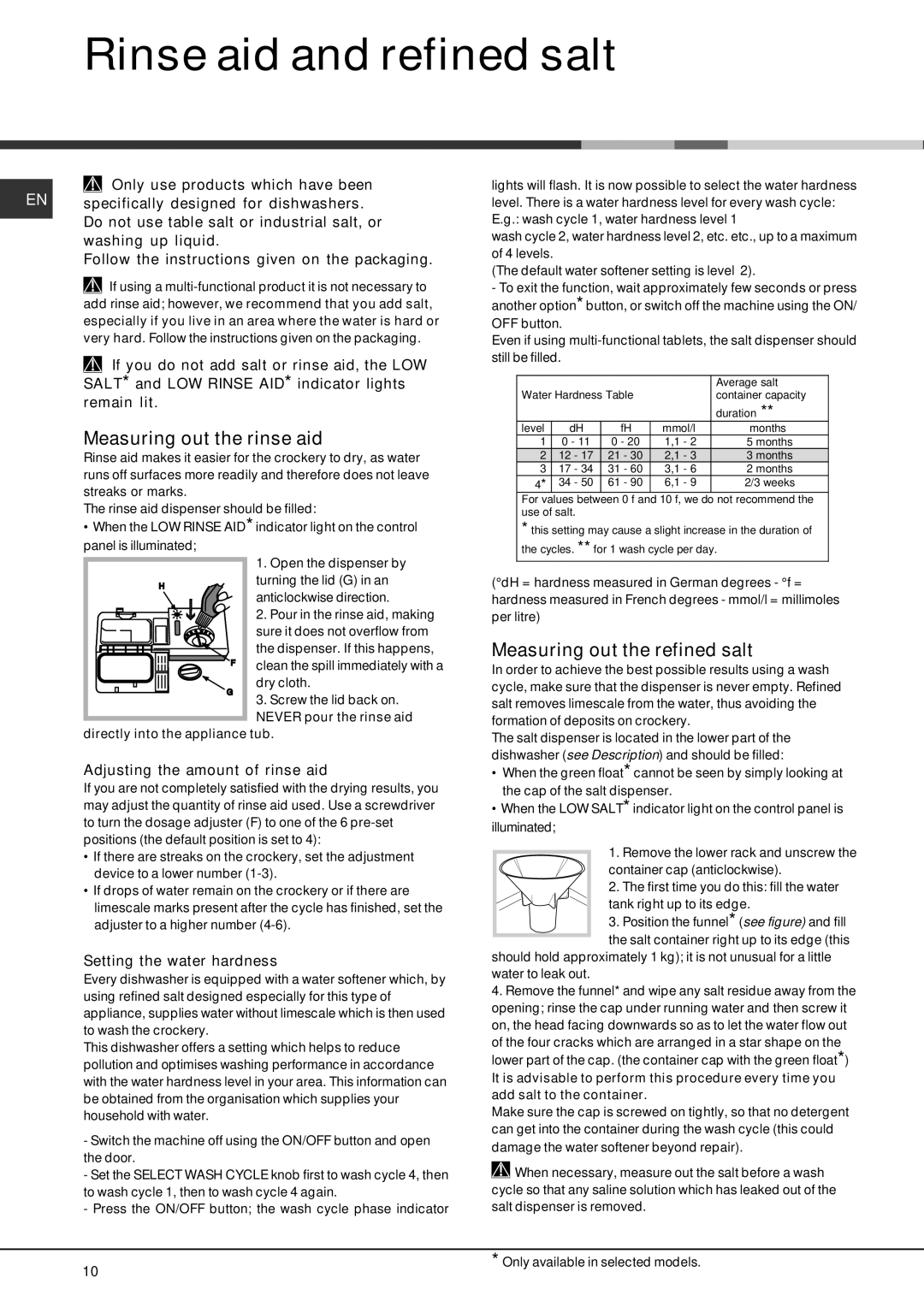 Hotpoint LFS 114 manual Rinse aid and refined salt, Measuring out the rinse aid, Measuring out the refined salt 