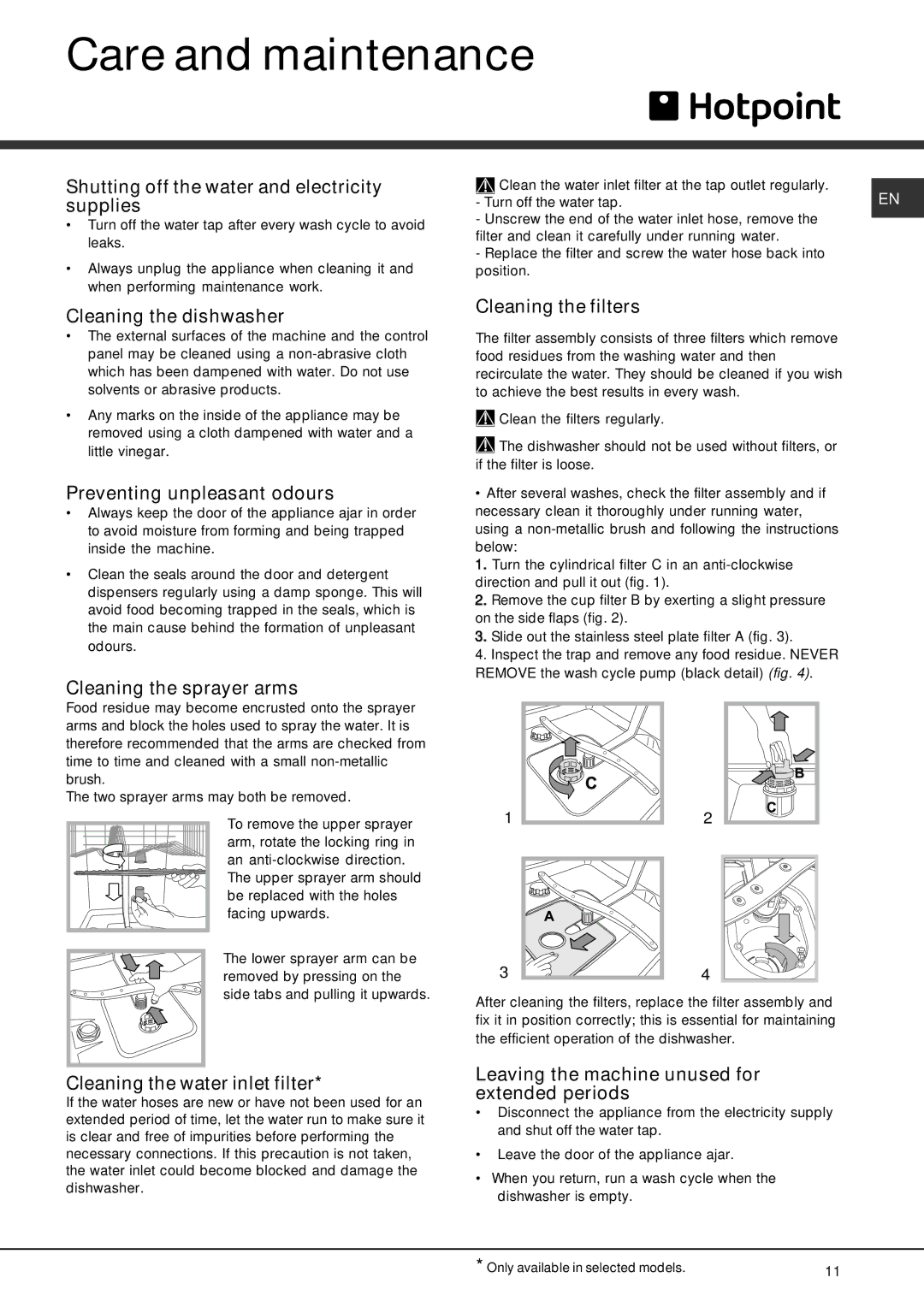 Hotpoint Hotpoint Dishwasher, LFS 114 manual Care and maintenance 