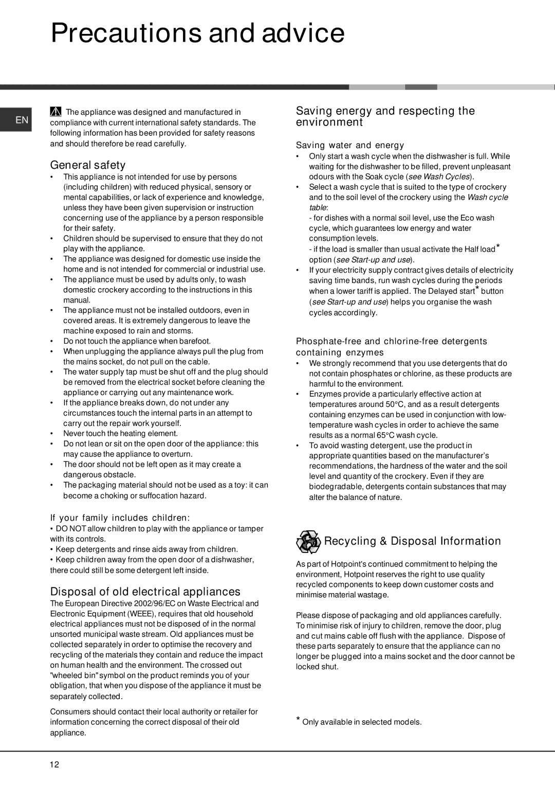 Hotpoint LFS 114, Hotpoint Dishwasher Precautions and advice, General safety, Saving energy and respecting the environment 