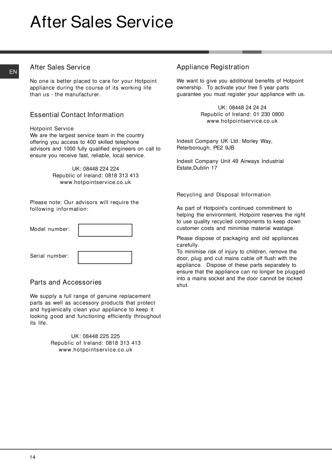 Hotpoint LFS 114 manual After Sales Service, Essential Contact Information, Parts and Accessories, Appliance Registration 