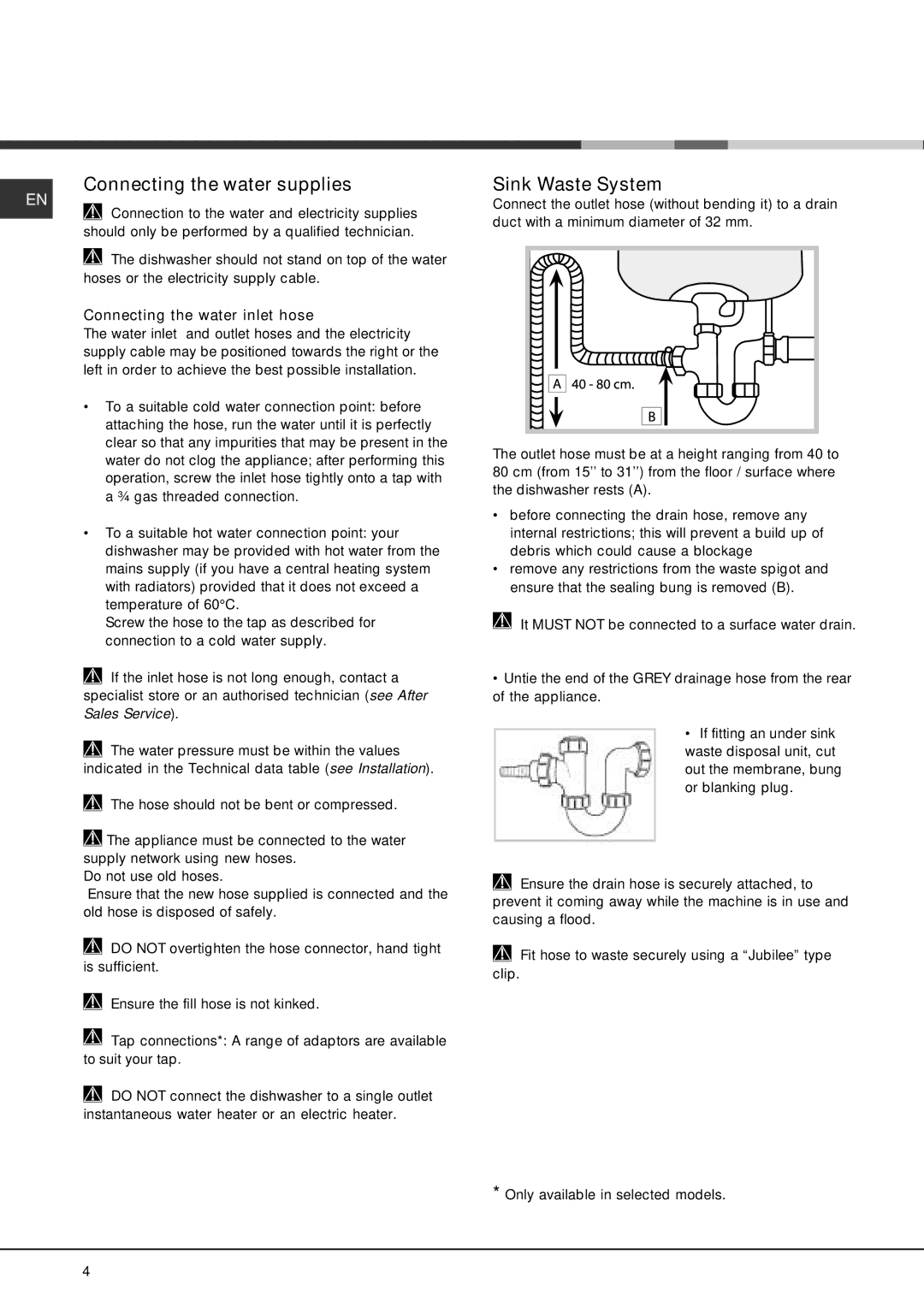 Hotpoint LFS 114, Hotpoint Dishwasher Connecting the water supplies, Sink Waste System, Connecting the water inlet hose 