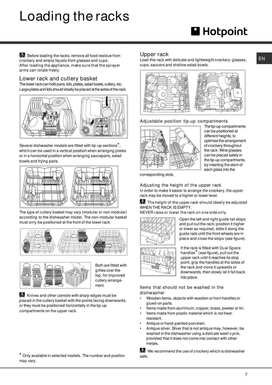 Hotpoint Hotpoint Dishwasher, LFS 114 manual Loading the racks, Lower rack and cutlery basket, Upper rack 