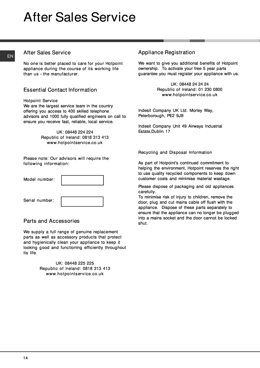 Hotpoint LFS 114 manual After Sales Service, Essential Contact Information, Parts and Accessories, Appliance Registration 