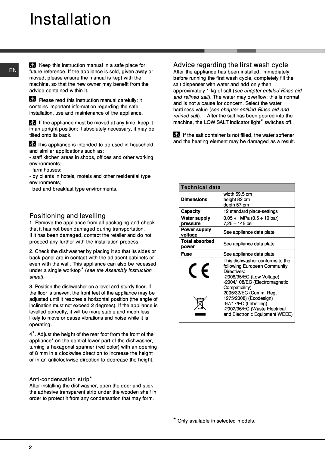 Hotpoint LFS 114 manual Installation, Positioning and levelling, Advice regarding the first wash cycle, Technical data 