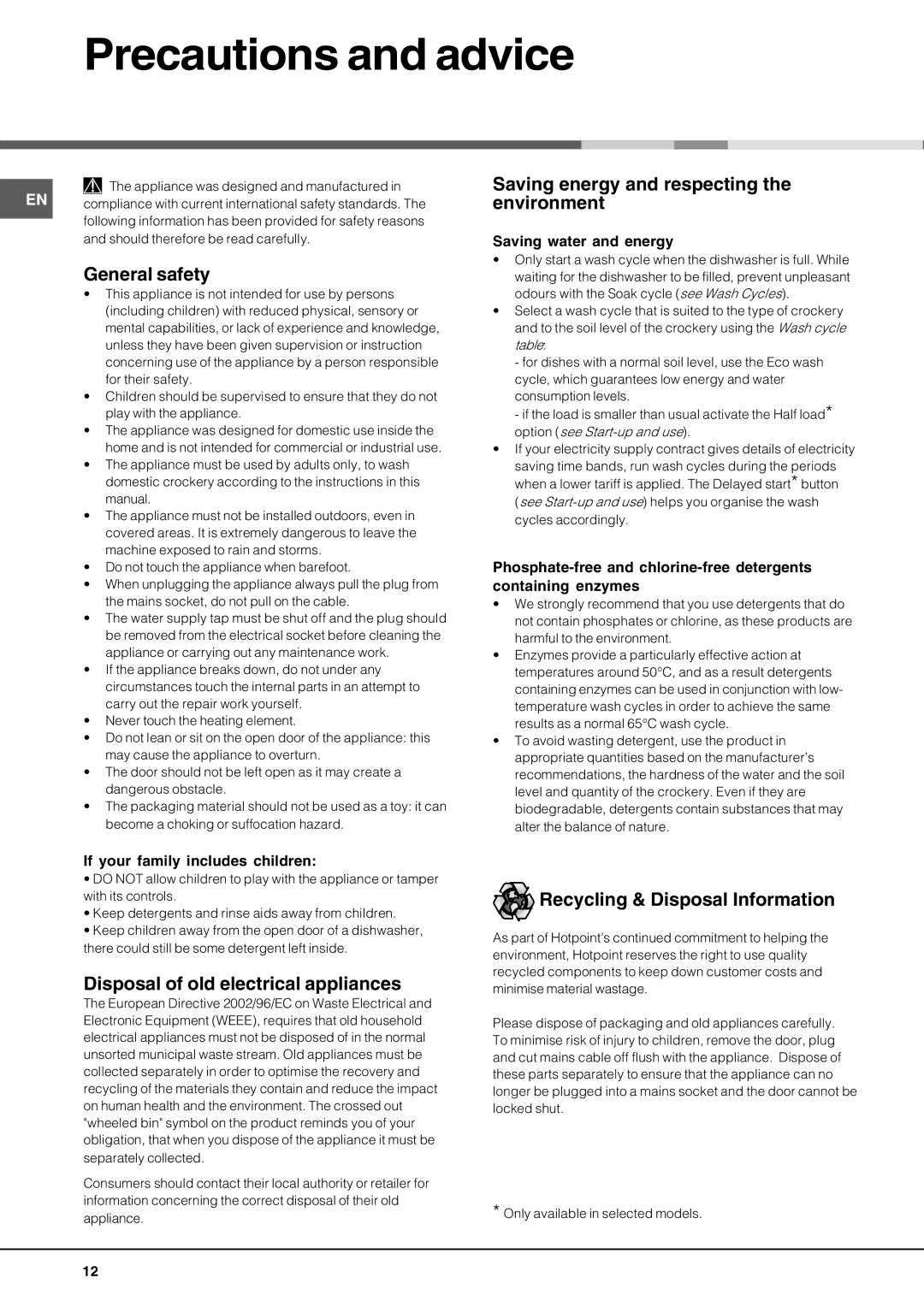 Hotpoint lft 04 manual Precautions and advice, General safety, Saving energy and respecting the environment 