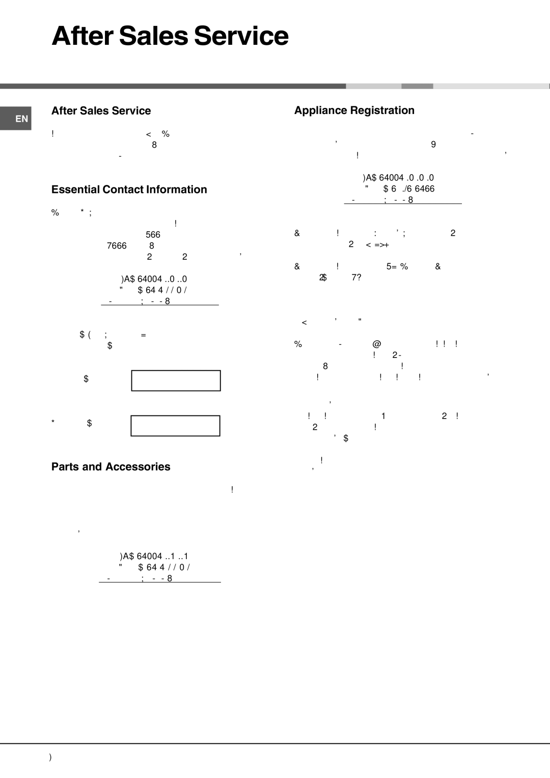 Hotpoint lft 04 manual After Sales Service, Essential Contact Information, Parts and Accessories, Appliance Registration 