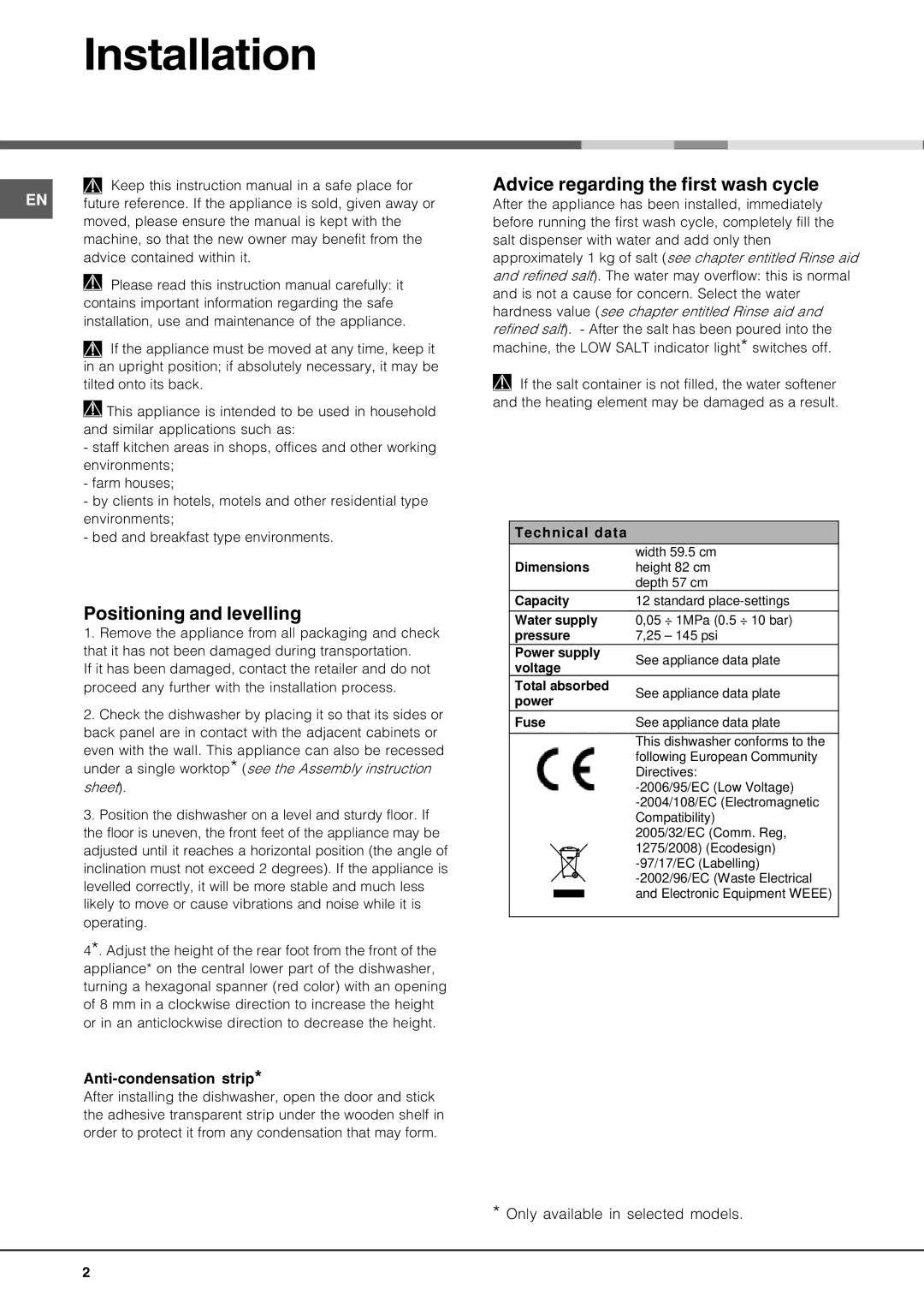 Hotpoint lft 04 Installation, Positioning and levelling, Advice regarding the first wash cycle, Anti-condensation strip 