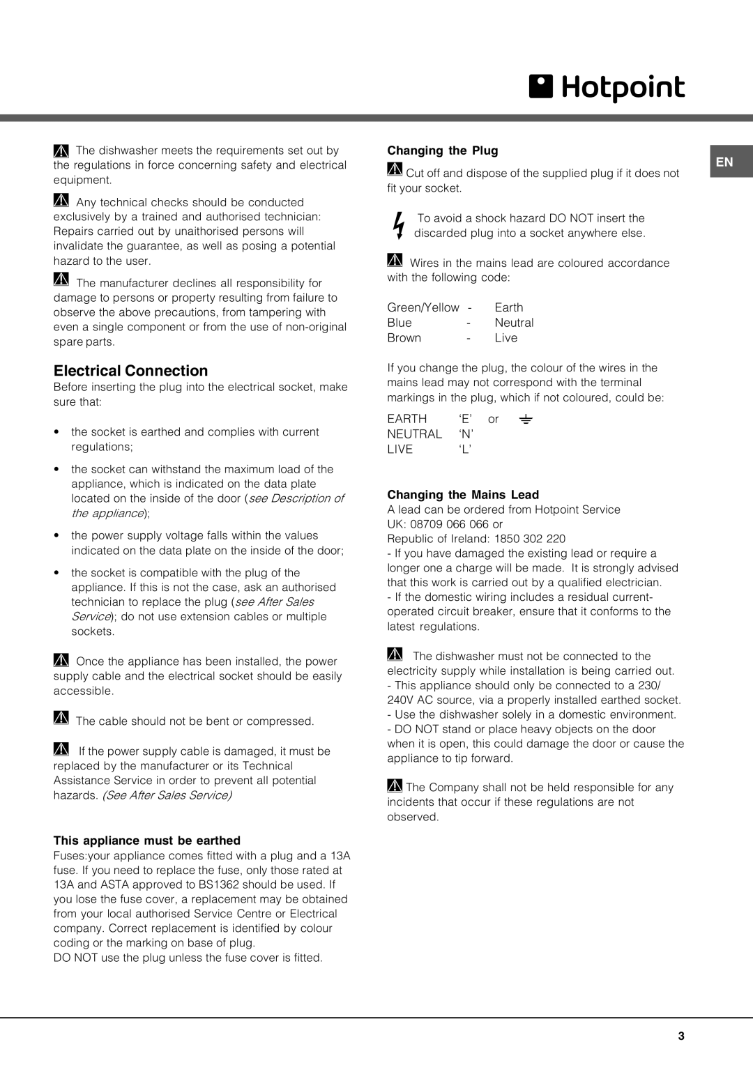 Hotpoint lft 04 manual Electrical Connection 