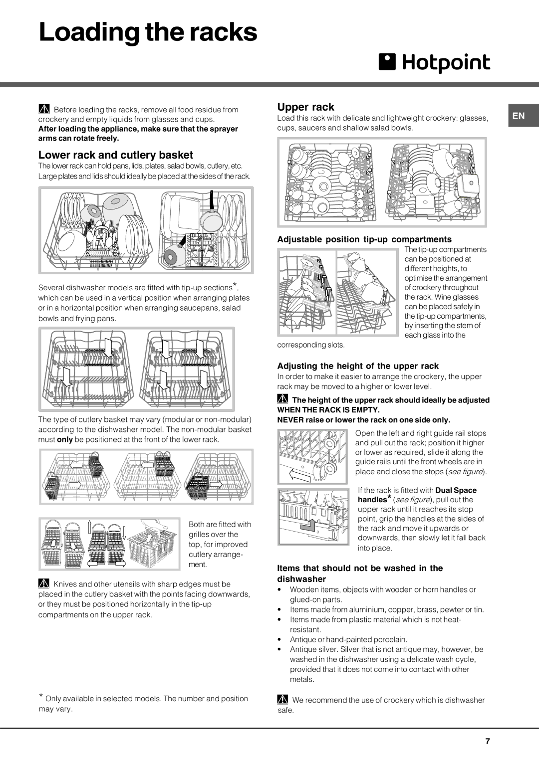 Hotpoint lft 04 manual Loading the racks, Lower rack and cutlery basket, Upper rack 