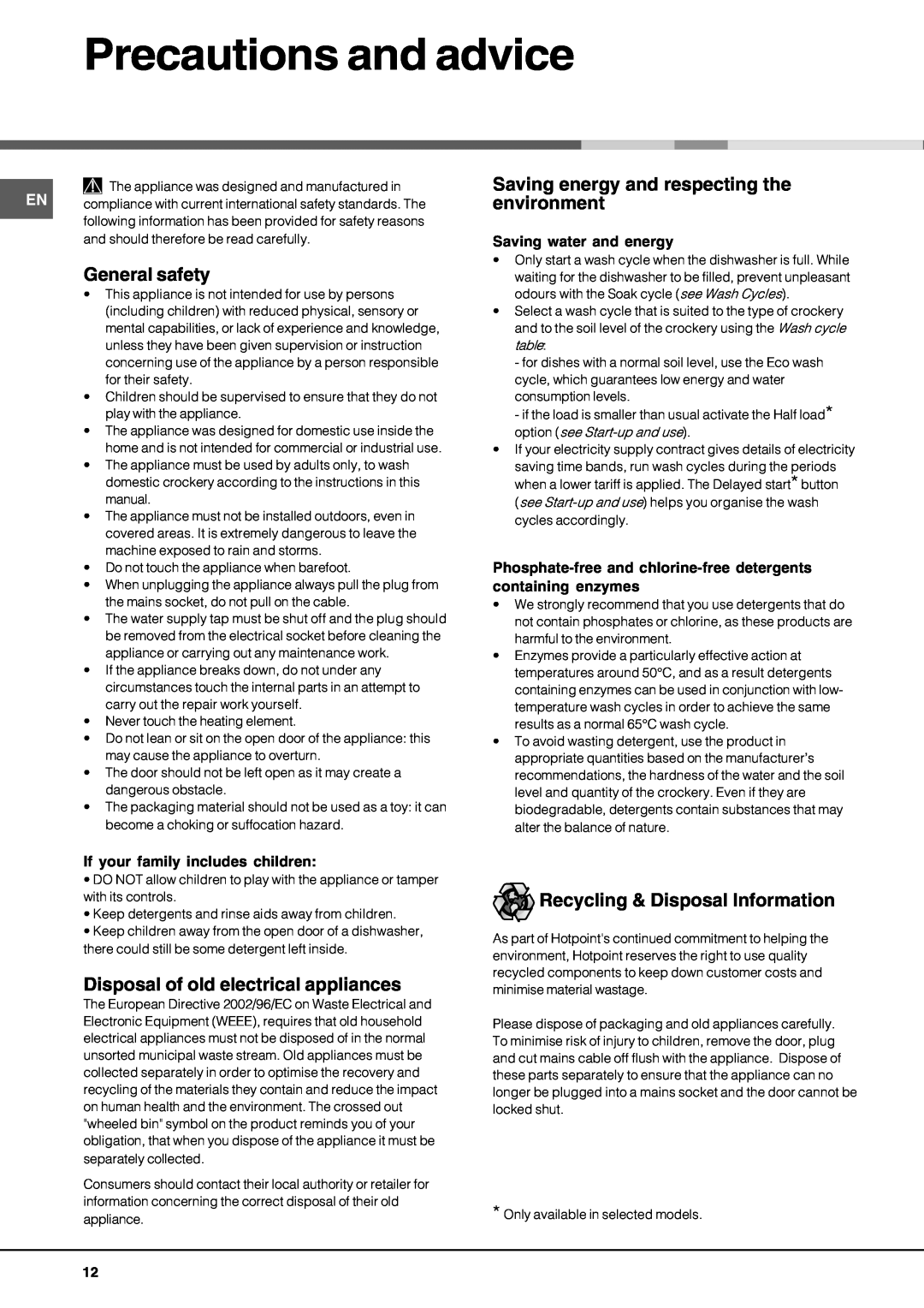 Hotpoint lft 04 manual Precautions and advice, General safety, Saving energy and respecting the environment 