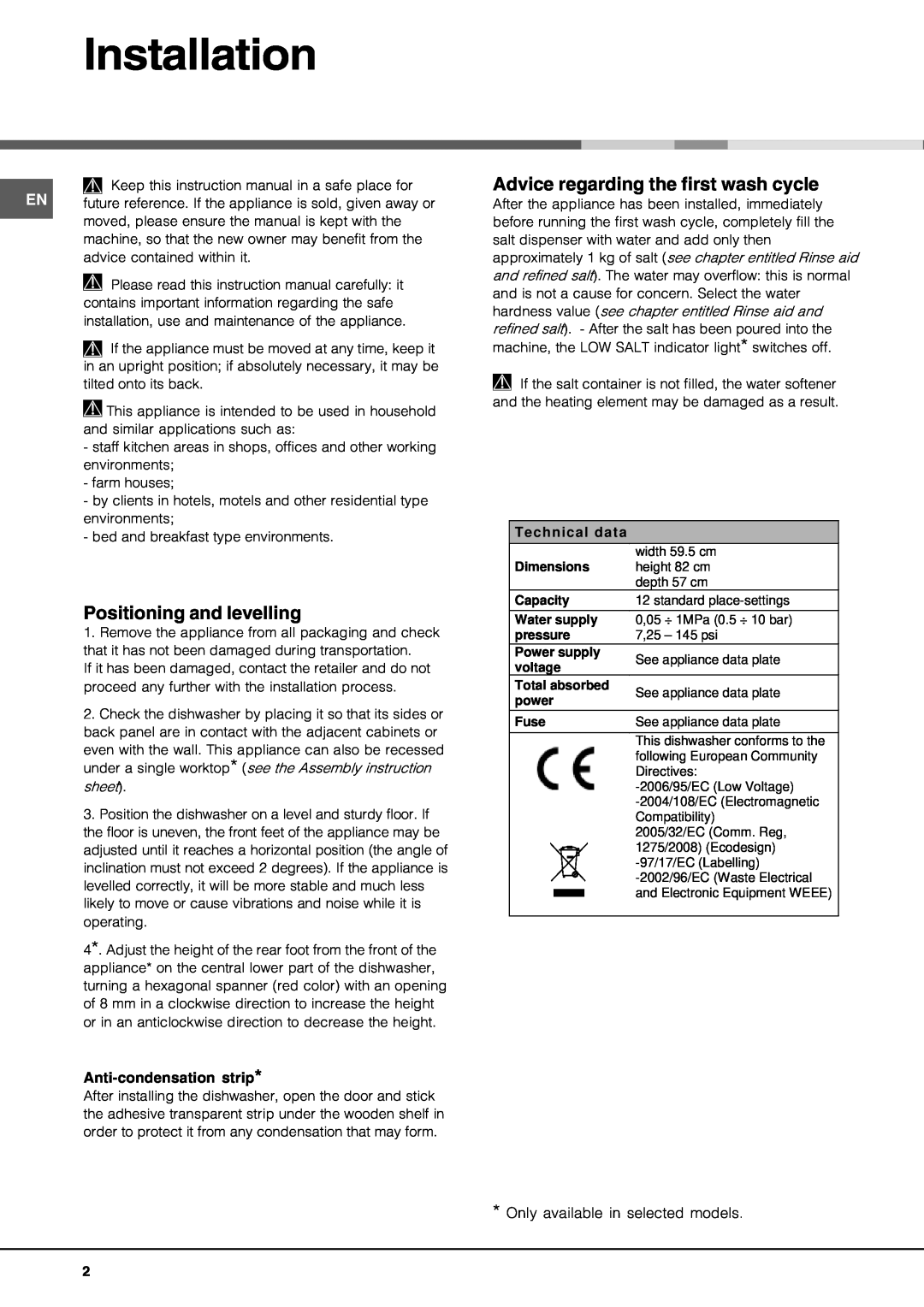 Hotpoint lft 04 manual Installation, Positioning and levelling, Advice regarding the first wash cycle 