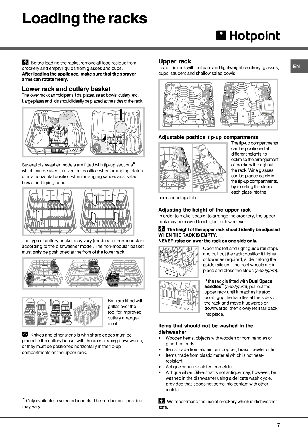 Hotpoint lft 04 manual Loading the racks, Lower rack and cutlery basket, Upper rack 
