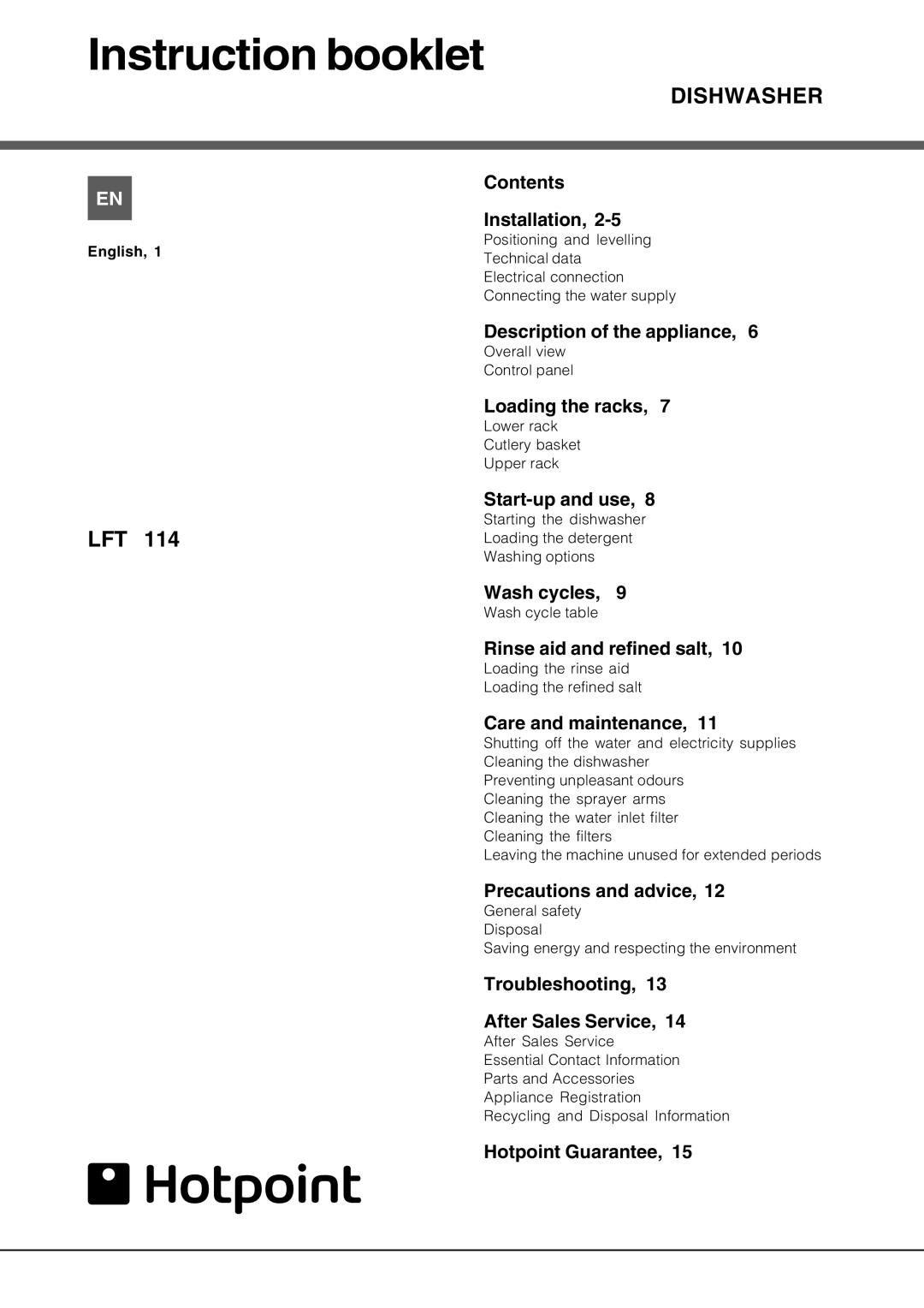 Hotpoint lft 114 manual Instruction booklet 