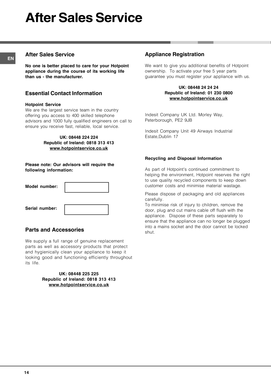 Hotpoint lft 114 manual After Sales Service, Essential Contact Information, Parts and Accessories, Appliance Registration 