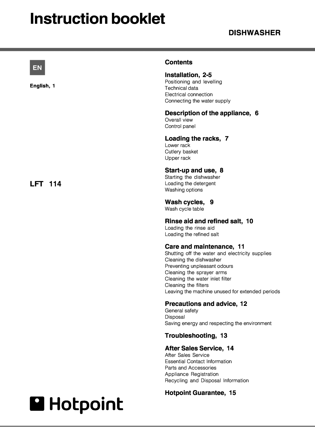Hotpoint lft 114 manual Instruction booklet, Dishwasher 