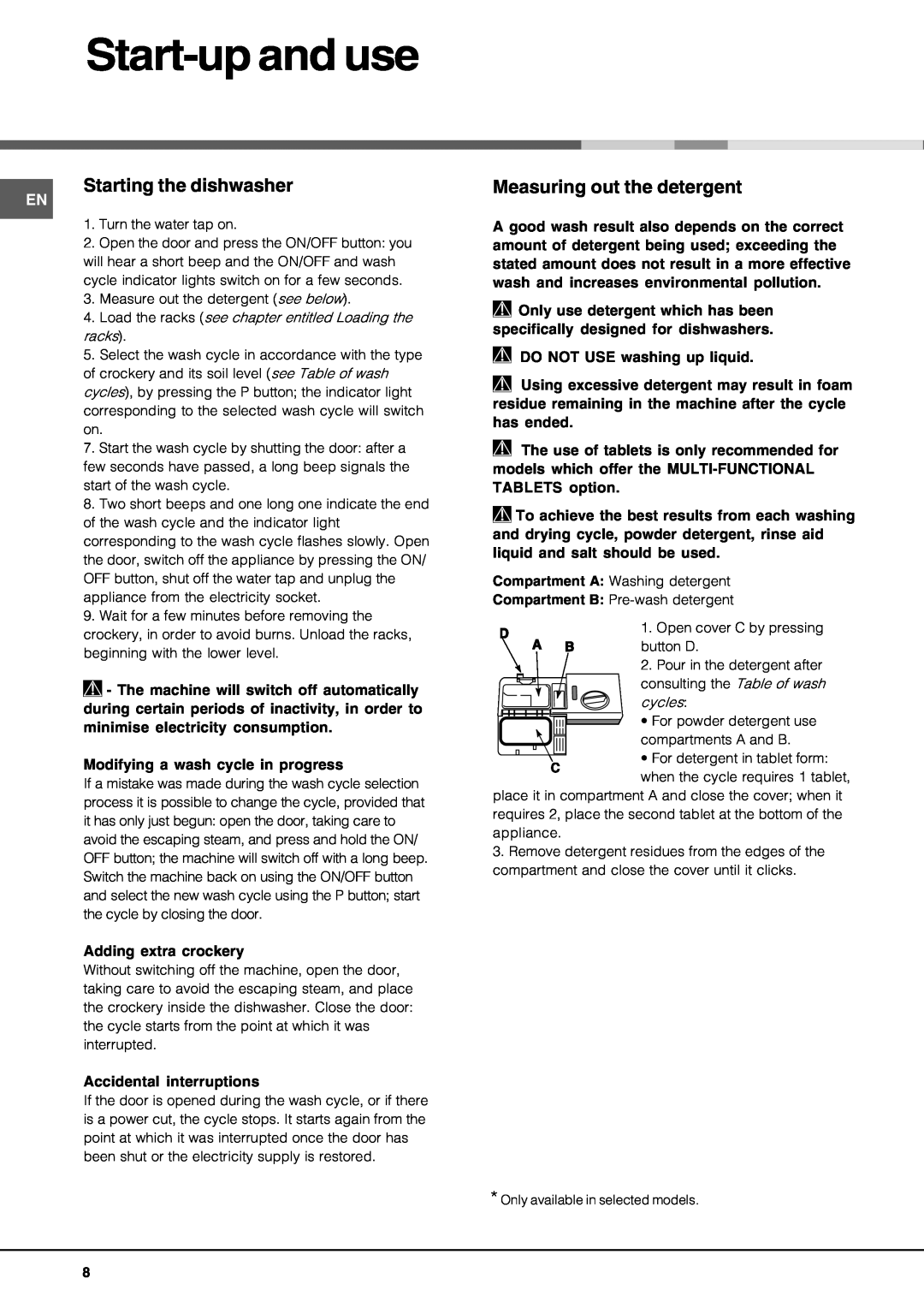 Hotpoint lft 114 manual Start-up and use, Starting the dishwasher, Measuring out the detergent 