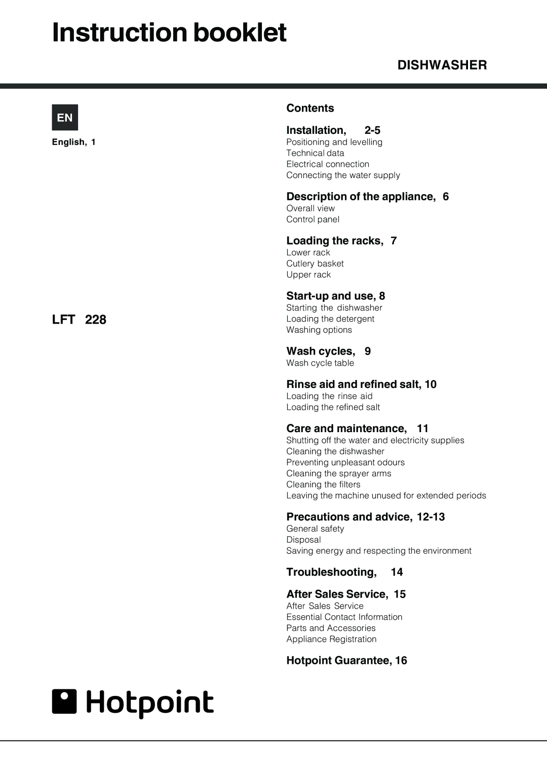 Hotpoint LFT 228 manual Instruction booklet 