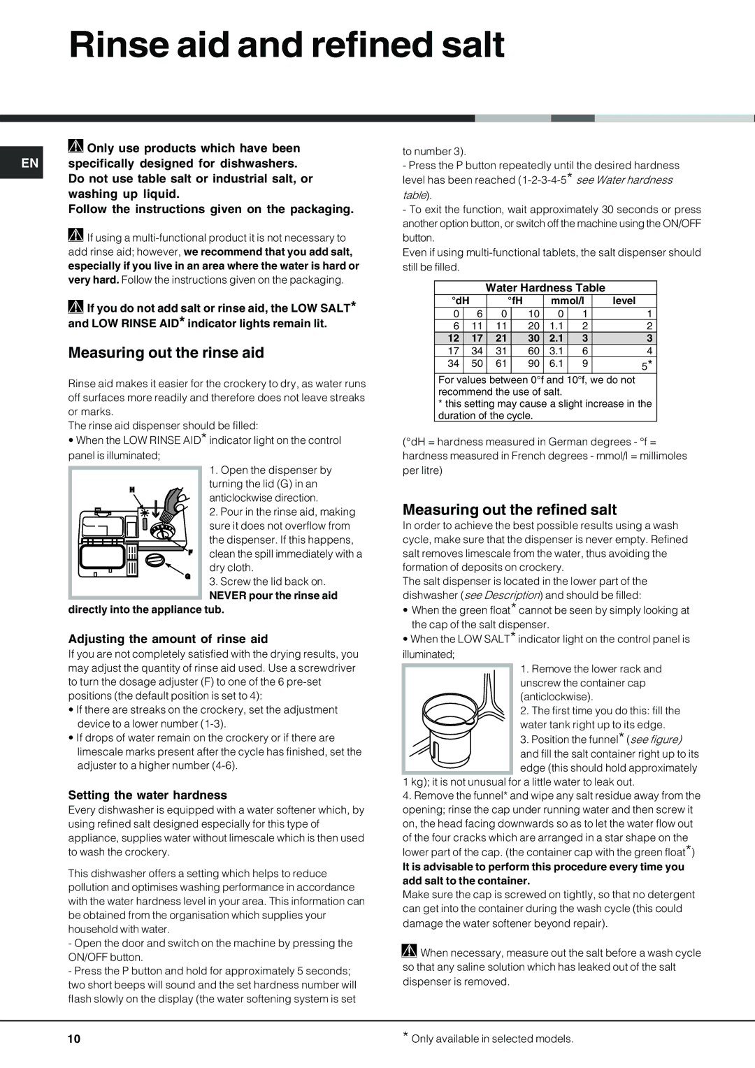 Hotpoint LFT 228 manual Rinse aid and refined salt, Measuring out the rinse aid, Measuring out the refined salt 