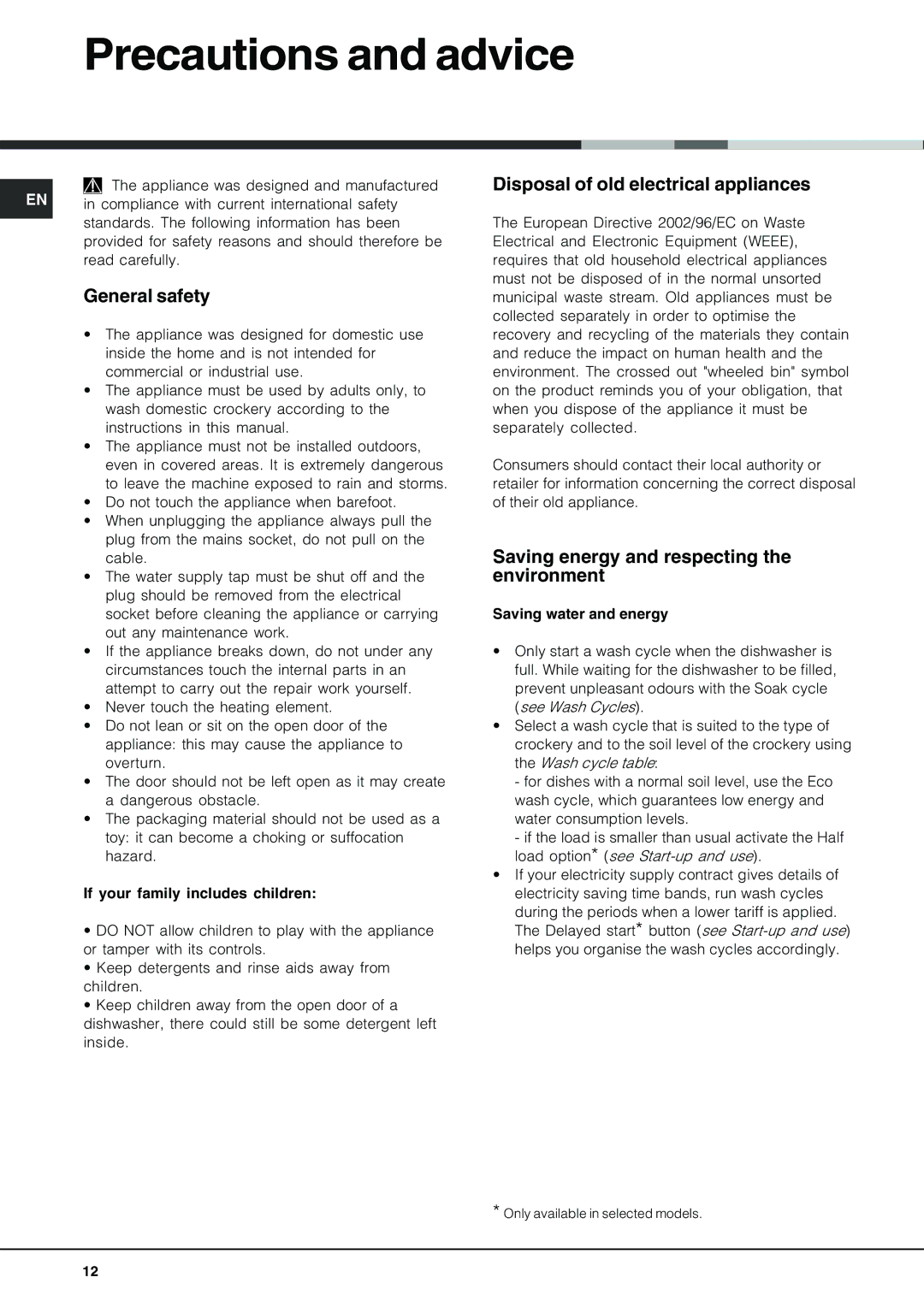 Hotpoint LFT 228 manual Precautions and advice, General safety, Disposal of old electrical appliances 