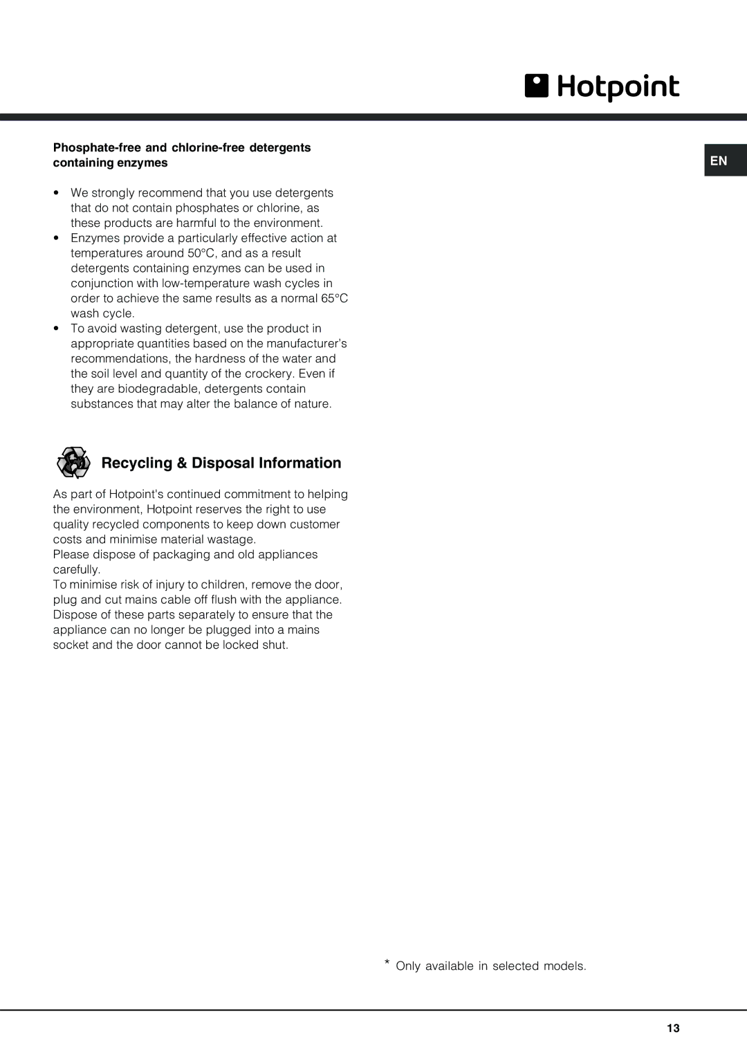 Hotpoint LFT 228 manual Recycling & Disposal Information 