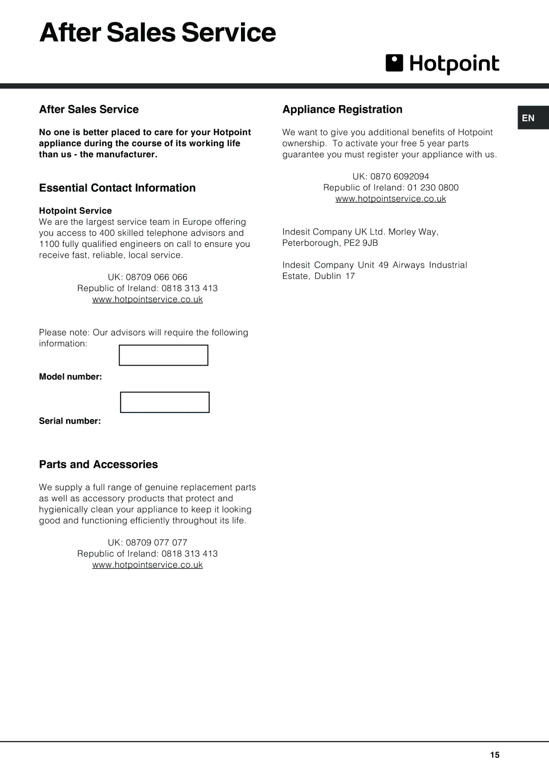 Hotpoint LFT 228 manual After Sales Service, Essential Contact Information, Parts and Accessories, Appliance Registration 