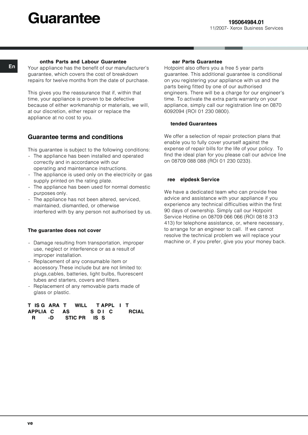 Hotpoint LFT 228 manual Guarantee terms and conditions 