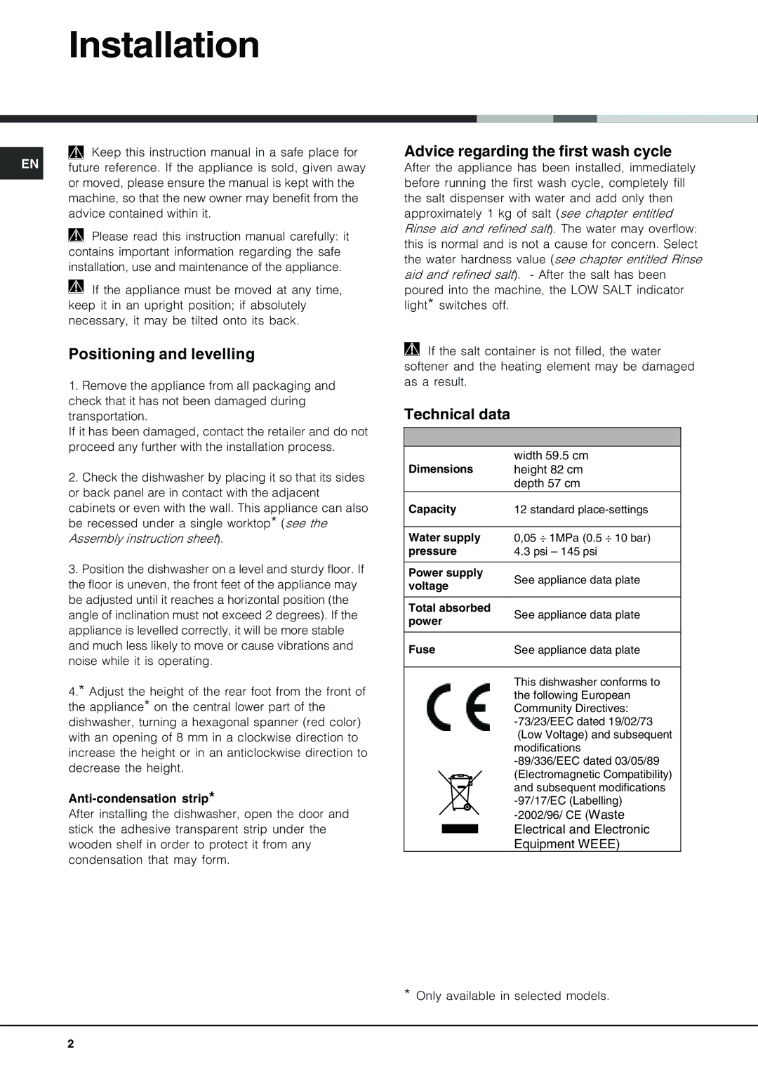 Hotpoint LFT 228 manual Installation, Positioning and levelling, Advice regarding the first wash cycle, Technical data 