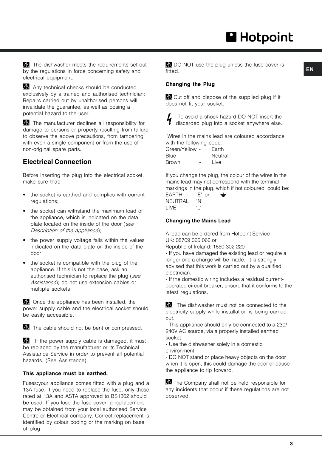 Hotpoint LFT 228 manual Electrical Connection, Fitted 