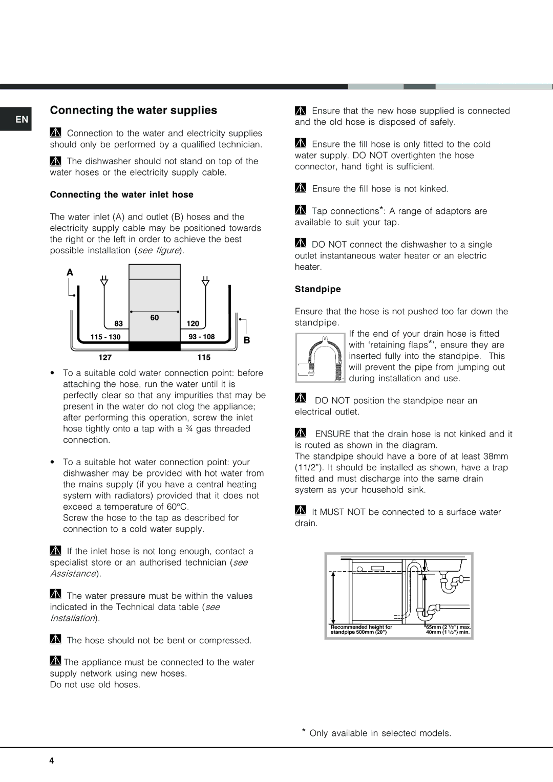 Hotpoint LFT 228 manual Connecting the water supplies 