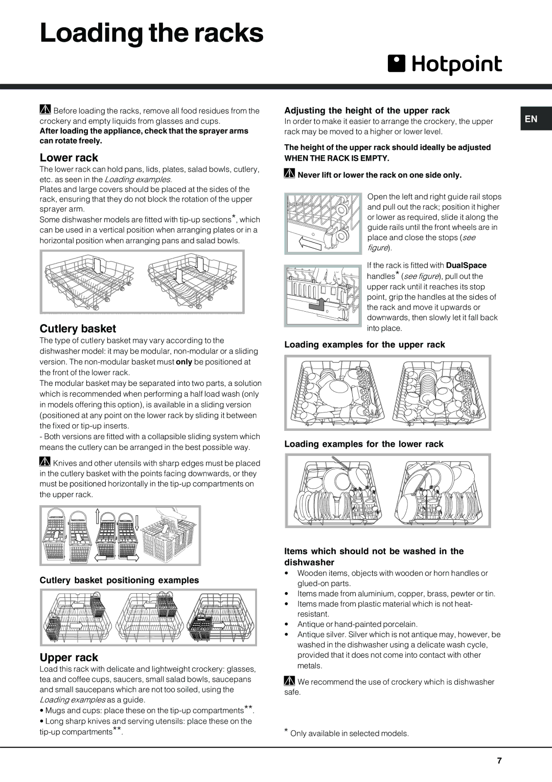 Hotpoint LFT 228 manual Loading the racks, Lower rack, Cutlery basket, Upper rack 