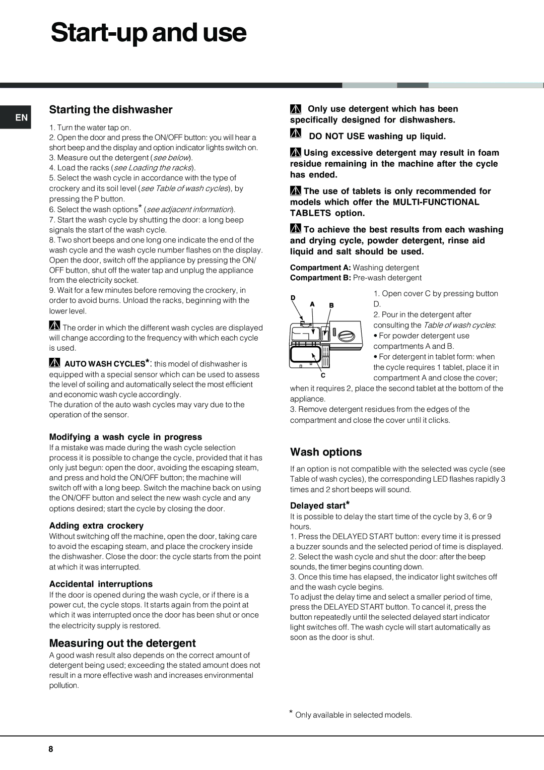 Hotpoint LFT 228 manual Start-up and use, Starting the dishwasher, Measuring out the detergent, Wash options 