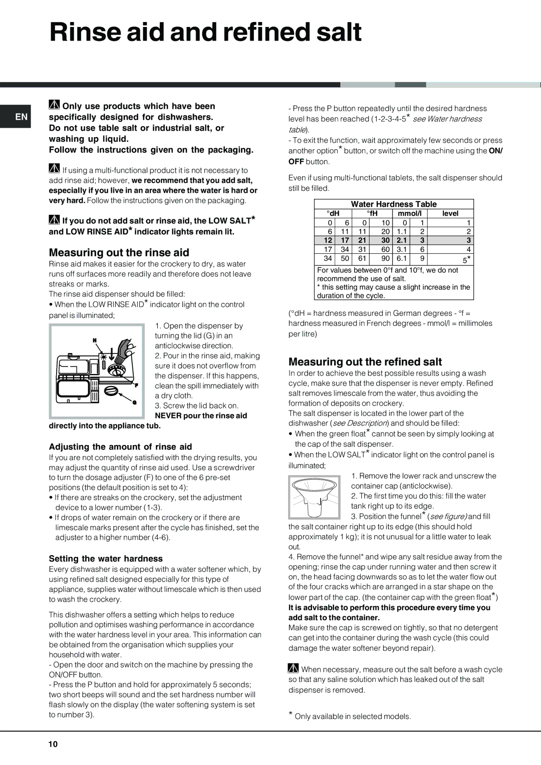 Hotpoint LFT 228 manual Rinse aid and refined salt, Measuring out the rinse aid, Measuring out the refined salt 