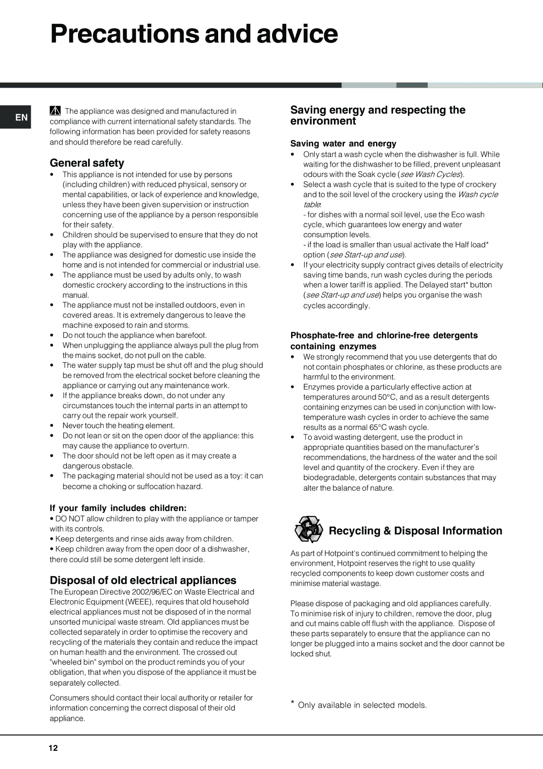 Hotpoint LFT 228 manual Precautions and advice, General safety, Saving energy and respecting the environment 