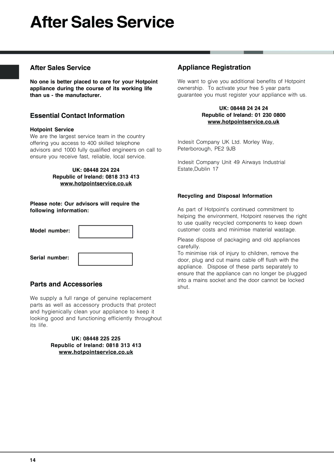 Hotpoint LFT 228 manual After Sales Service, Essential Contact Information, Parts and Accessories, Appliance Registration 