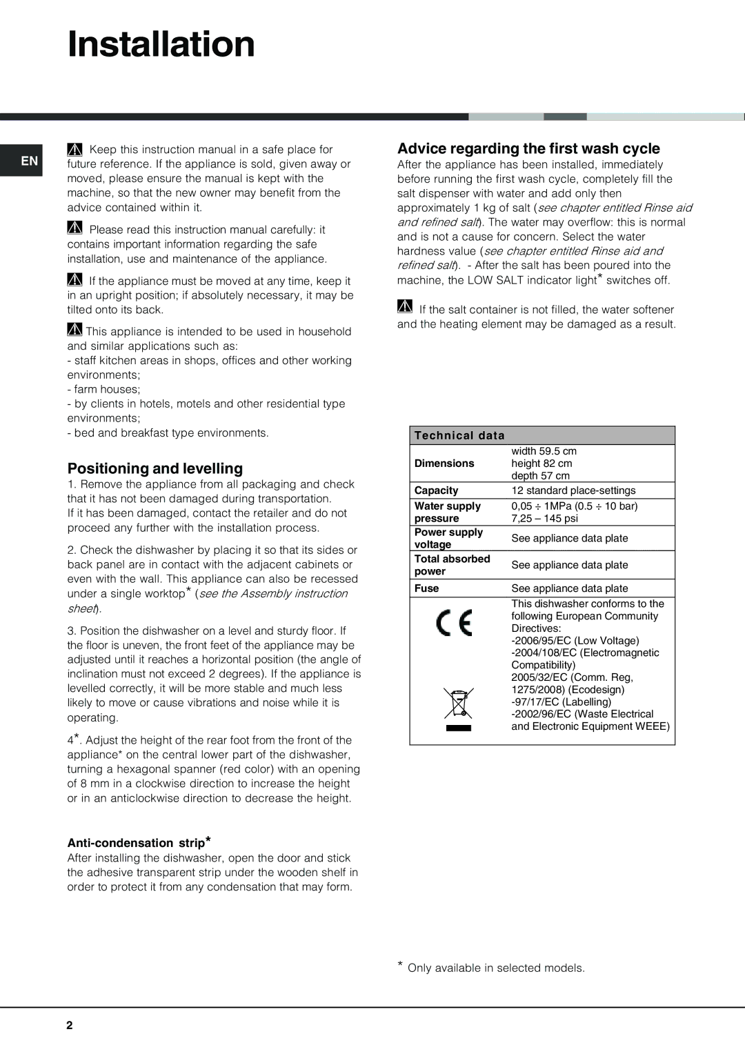 Hotpoint LFT 228 Installation, Positioning and levelling, Advice regarding the first wash cycle, Anti-condensation strip 