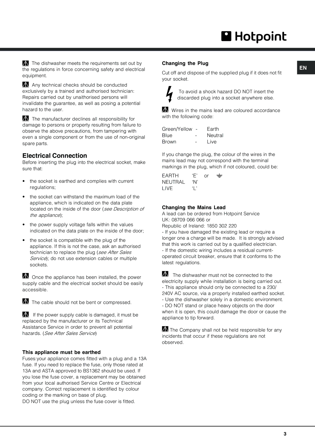 Hotpoint LFT 228 manual Electrical Connection 