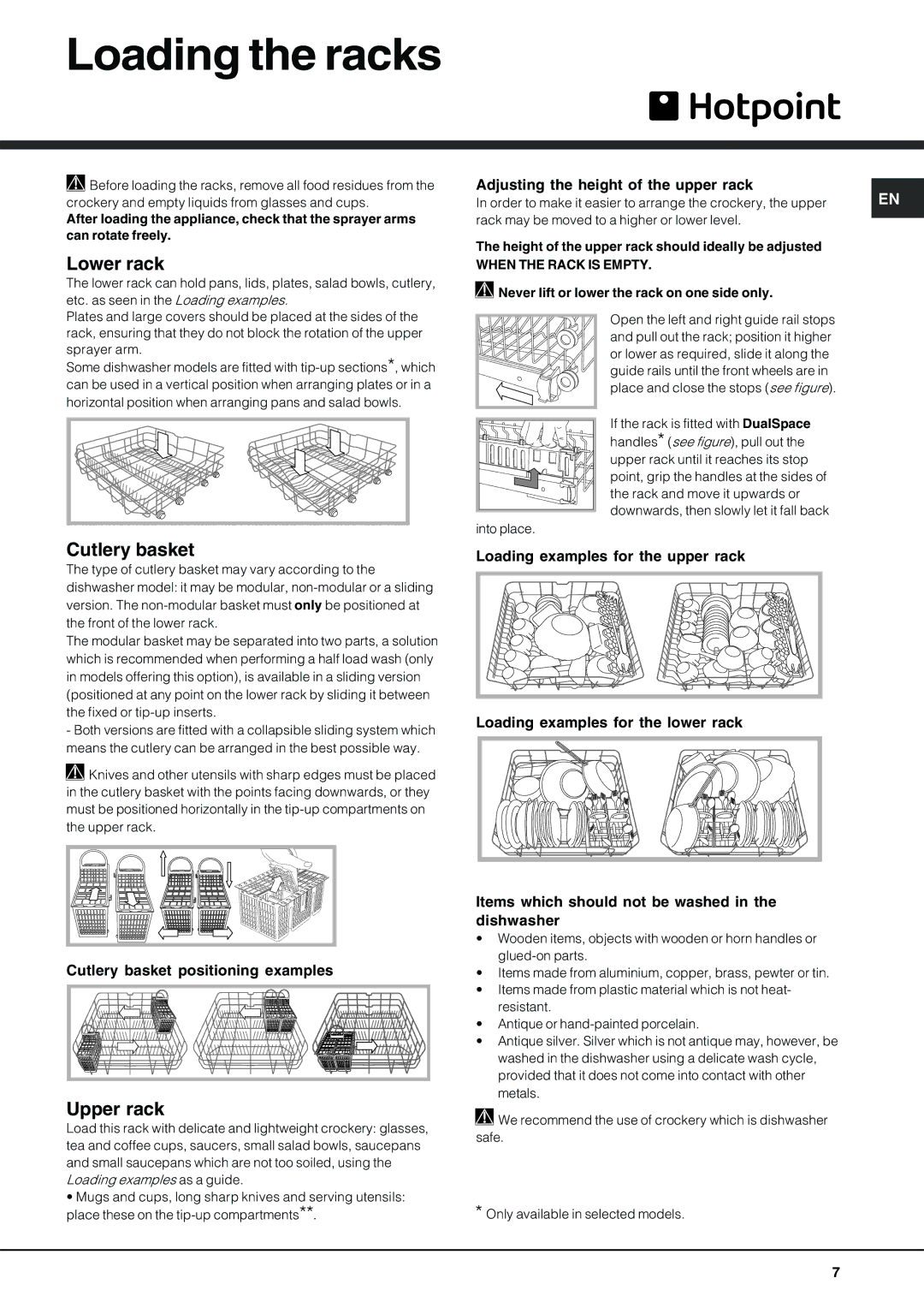 Hotpoint LFT 228 manual Loading the racks, Lower rack, Cutlery basket, Upper rack 