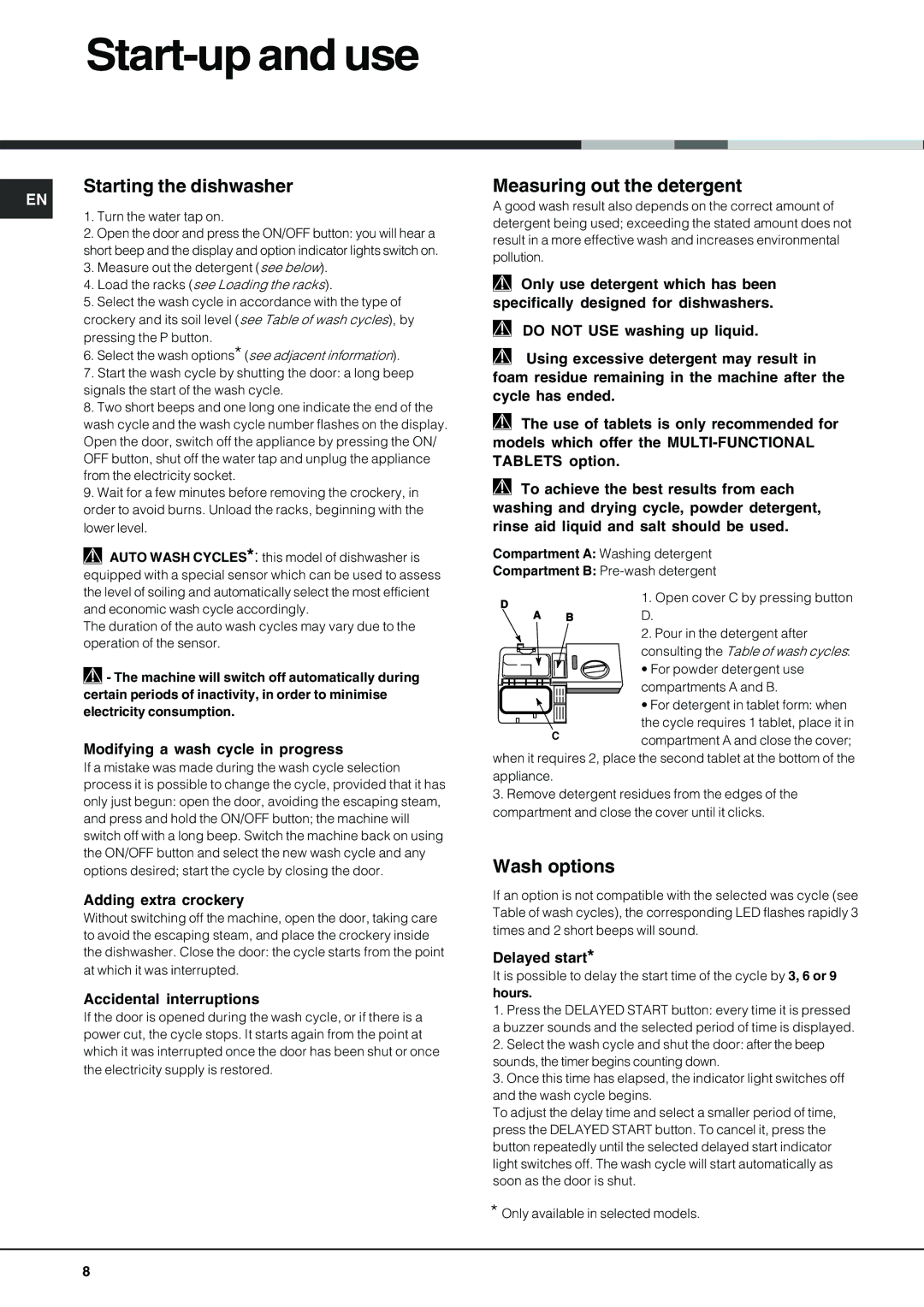 Hotpoint LFT 228 manual Start-up and use, Starting the dishwasher, Measuring out the detergent, Wash options 