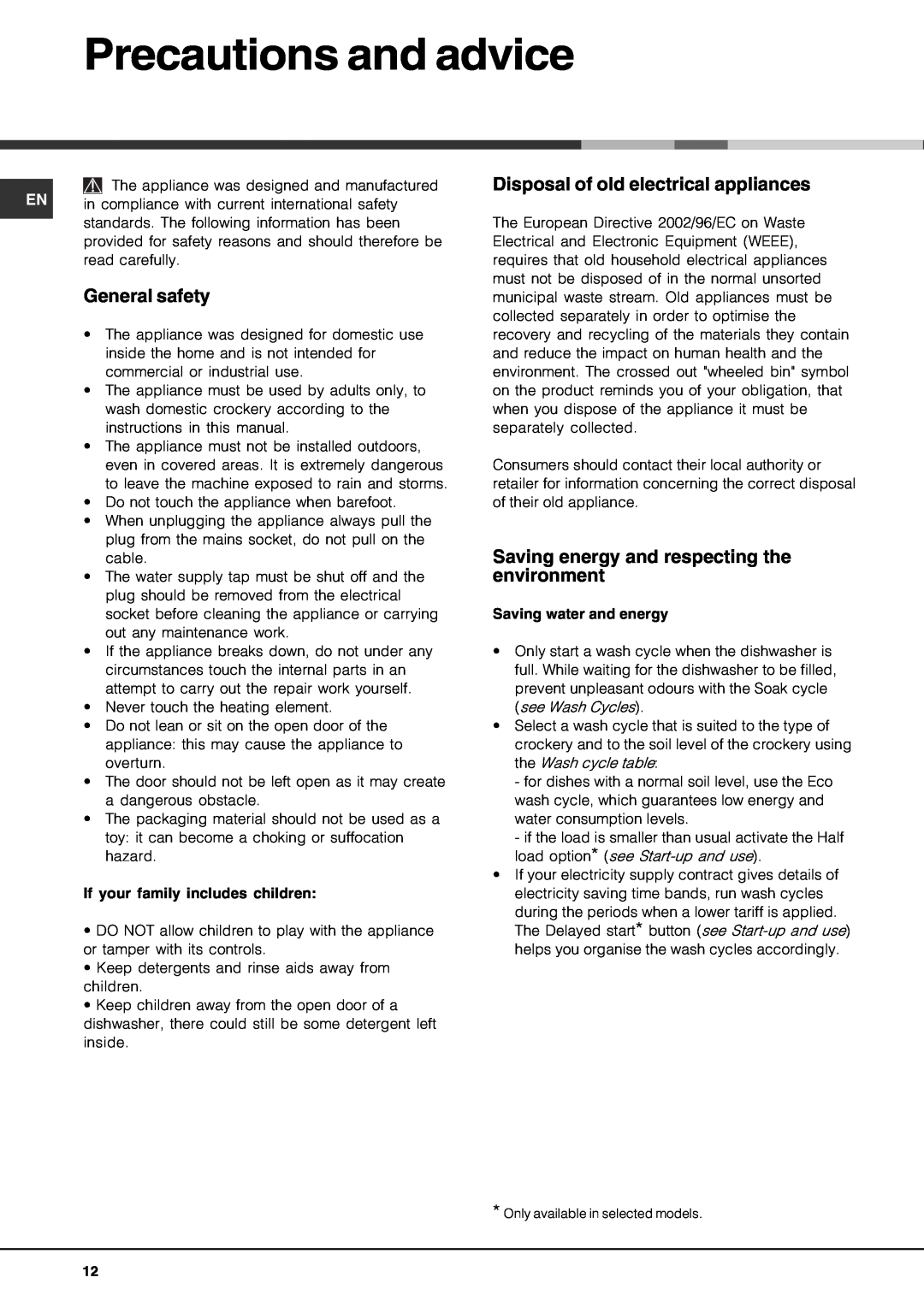 Hotpoint LFT 228 manual Precautions and advice, General safety, Disposal of old electrical appliances 