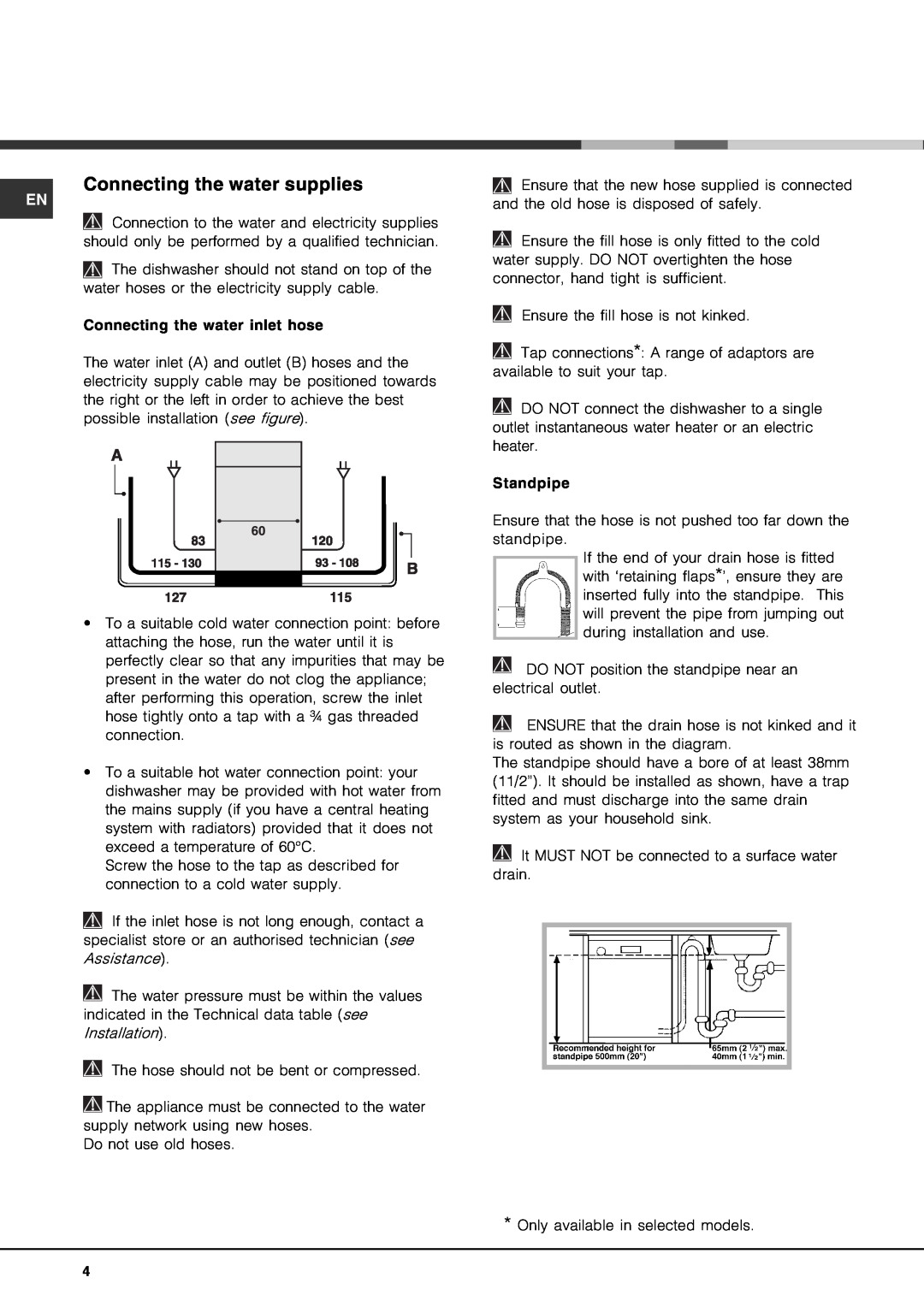 Hotpoint LFT 228 manual Connecting the water supplies 