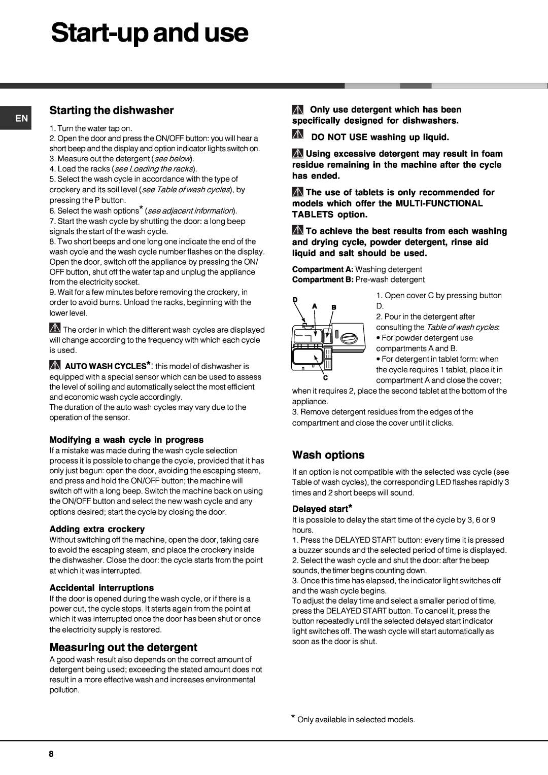 Hotpoint LFT 228 manual Start-upand use, Starting the dishwasher, Measuring out the detergent, Wash options 