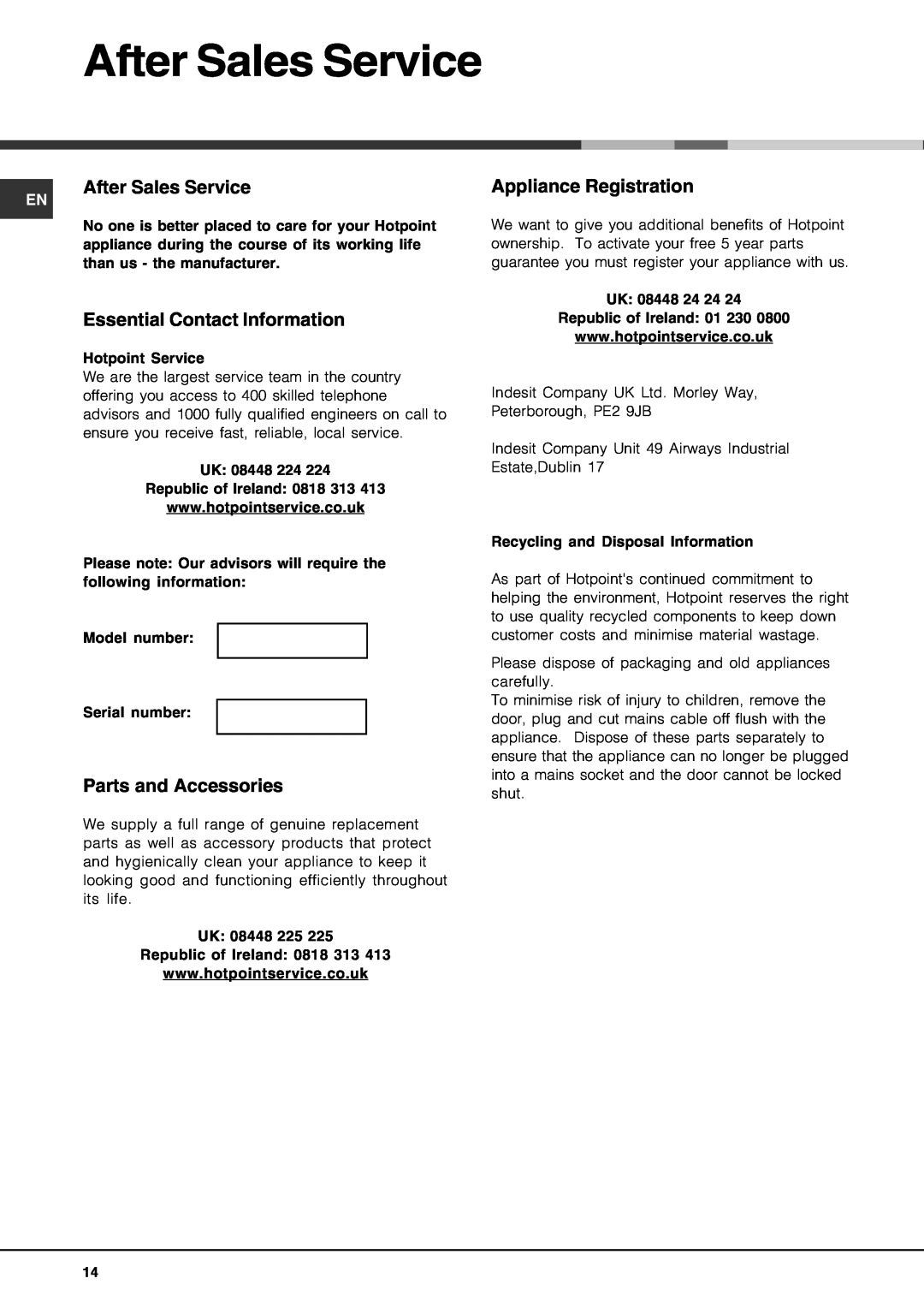 Hotpoint LFT 228 manual After Sales Service, Essential Contact Information, Parts and Accessories, Appliance Registration 