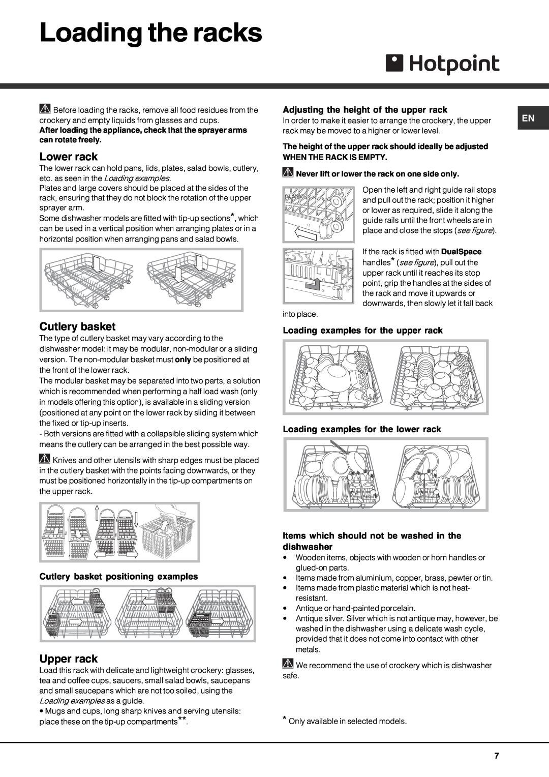 Hotpoint LFT 228 manual Loading the racks, Lower rack, Cutlery basket, Upper rack 